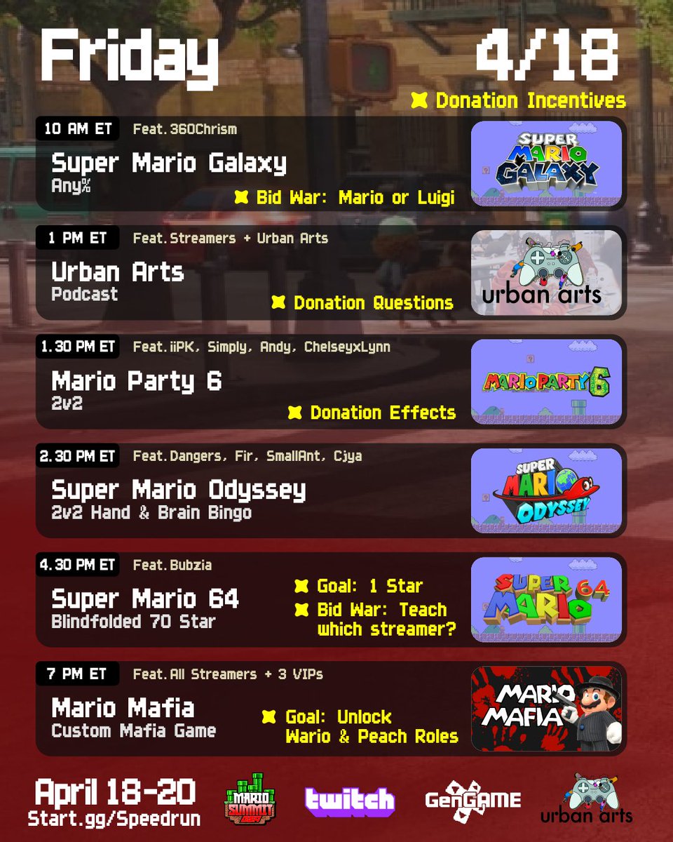 GSA ๐ฎ Speedrun Events (@globalspeedrun) on Twitter photo Mario Summit benefitting <a href="/UrbanArtsOrg/">Urban Arts</a> kicks off next week!! ๐
Check out the Day 1 schedule featuring:
๐ฎ <a href="/360Chrism/">Chrism</a>
๐ฎ <a href="/iiPK_/">Mazer iiPK ๎จ</a>
๐ฎ <a href="/simplyn64/">Simply</a>
๐ฎ <a href="/AndyLaso/">Andy @ AGDQ2025</a>
๐ฎ <a href="/ChelseyxLynn/">Chels</a>
๐ฎ <a href="/Dangers_TV/">Dangers</a>
๐ฎ <a href="/SimplyFir/">Fir</a>
๐ฎ <a href="/SmallAnt/">SmallAnt</a>
๐ฎ <a href="/cjyaTV/">cjya</a>
๐ฎ <a href="/Bubzia1/">Bubzia</a> Mario Summit benefitting <a href="/UrbanArtsOrg/">Urban Arts</a> kicks off next week!! ๐
Check out the Day 1 schedule featuring:
๐ฎ <a href="/360Chrism/">Chrism</a>
๐ฎ <a href="/iiPK_/">Mazer iiPK ๎จ</a>
๐ฎ <a href="/simplyn64/">Simply</a>
๐ฎ <a href="/AndyLaso/">Andy @ AGDQ2025</a>
๐ฎ <a href="/ChelseyxLynn/">Chels</a>
๐ฎ <a href="/Dangers_TV/">Dangers</a>
๐ฎ <a href="/SimplyFir/">Fir</a>
๐ฎ <a href="/SmallAnt/">SmallAnt</a>
๐ฎ <a href="/cjyaTV/">cjya</a>
๐ฎ <a href="/Bubzia1/">Bubzia</a>
