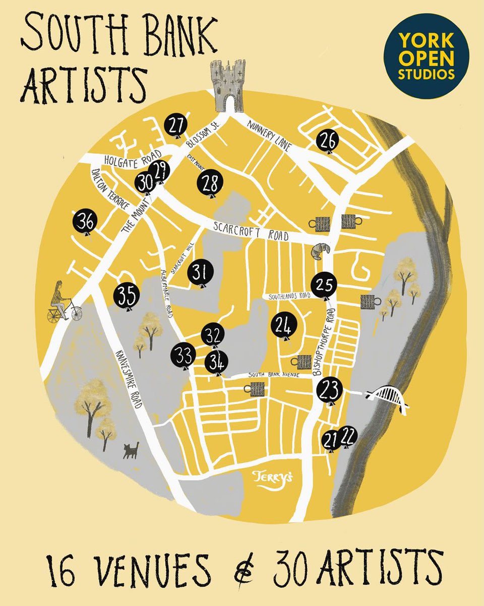 Weekend two of York Open Studios!
Sat 12th &amp; Sun 13th April.
Here’s a little map of all the artists exhibiting around the South Bank area of York.
I'm at Venue 23 (Finsbury St)
