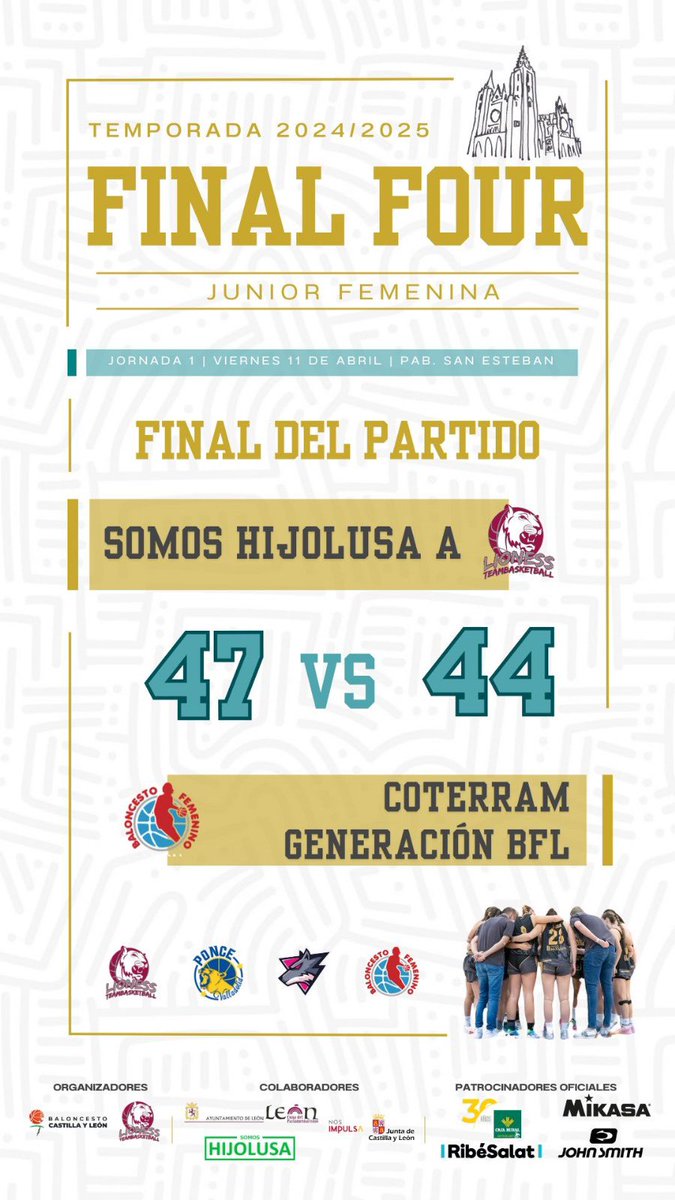 LionessBball's tweet photo. | F4CyL - Junior Femenina |

🏀 JORNADA 1 #F4CyL2025 #JunFemCyL 

⏱️ Final del partido

4️⃣7️⃣ Somos @hijolusa 
4️⃣4️⃣ @bfemeninoleon 

¡Qué partidazo! 🔥
Nuestras junior consiguen llevarse la primera victoria en un disputado duelo leonés.

#Rugeconnosotras #SomosHijolusa💚 https://t.co/EftU6rW7Fl