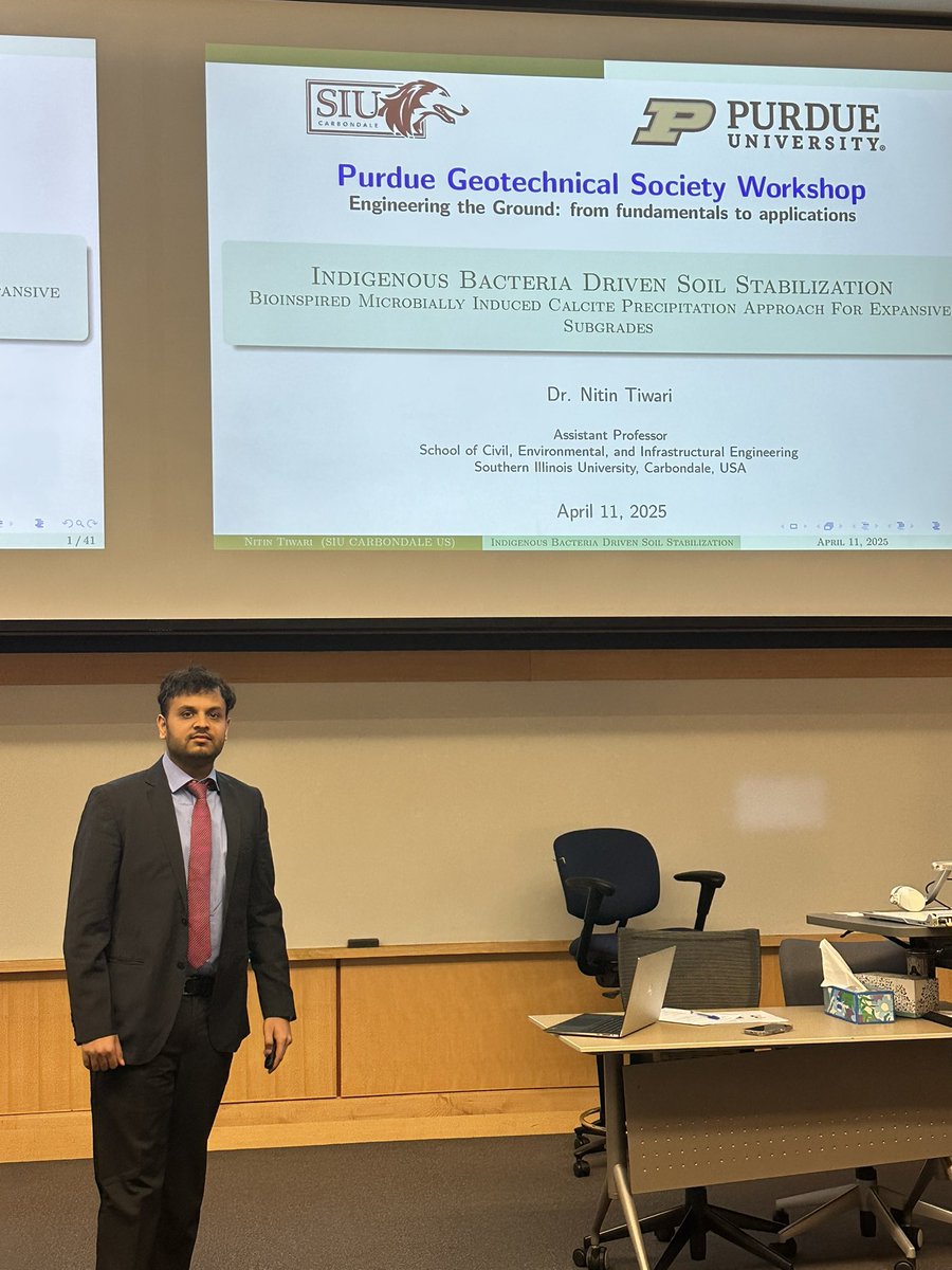 Purdue_PGS's tweet photo. Nitin Tiwari, SIU, presents ‘Indigenous Bacteria -Driven Soil Stabilization’ - MCIP for clayey soils durability under freeze-thaw . #PGS2025 https://t.co/3IfzDobP4m
