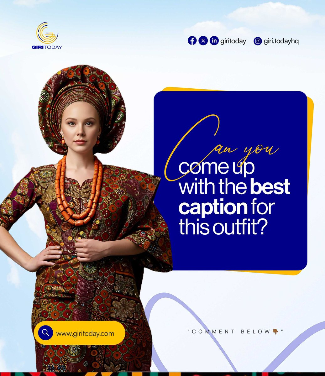 giritoday's tweet photo. 📝 Can you come up with the best caption for this outfit?
Drop your one-liner caption in the comments!
💬 The comment with the most likes wins 5k voucher
📢 Tag your friends to like your comment!
🔗 #CaptionChallenge #AfricanFashion #WinWithGiriToday #StyleContest #EngagementBoost