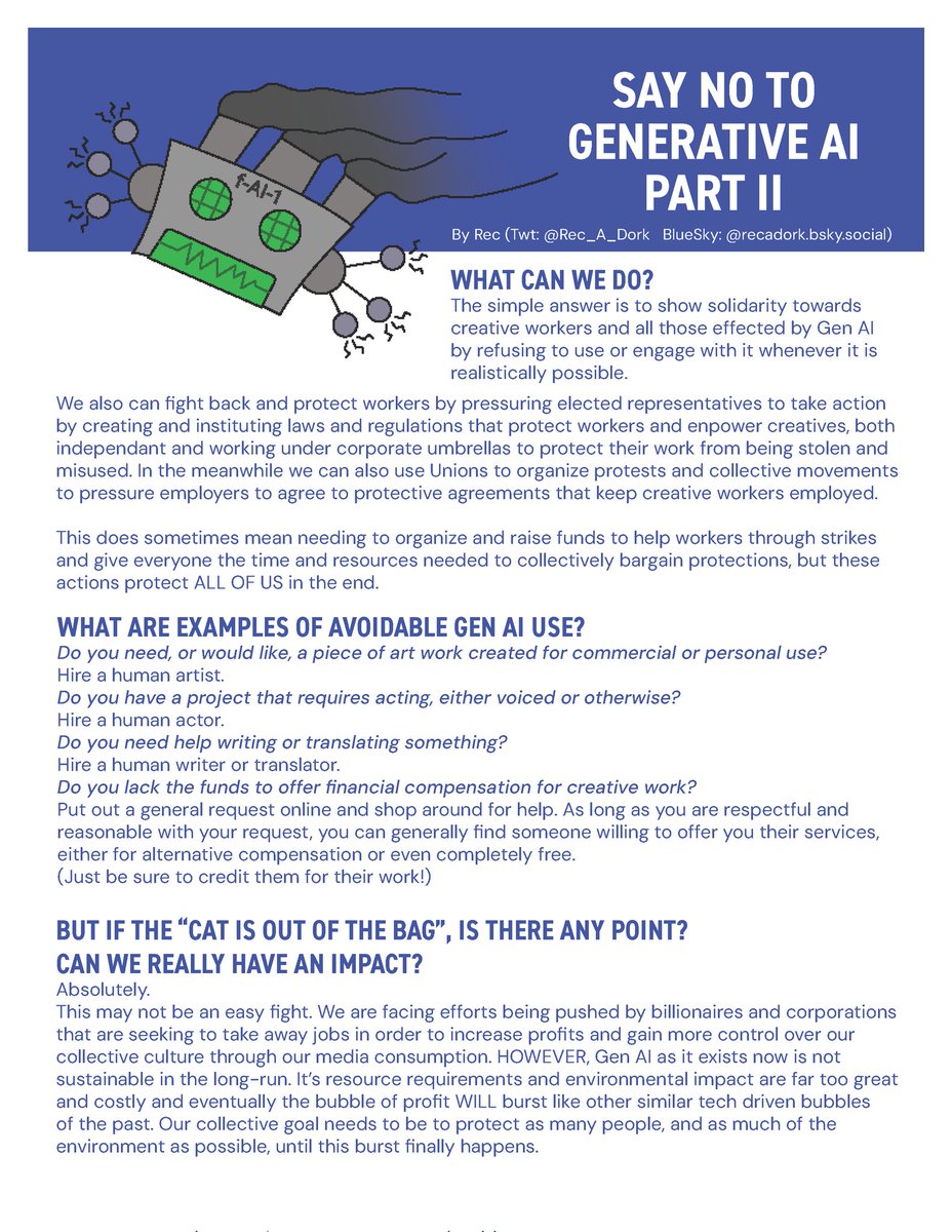 Rec_A_Dork's tweet image. I've grown tired of having the same argument with people defending or excusing Gen AI, so I compiled it all into a multi-page flyer to deploy as needed. If anyone else wishes to use these, please feel free.

Purposefully made these to be easily printable, too, if anyone desires.