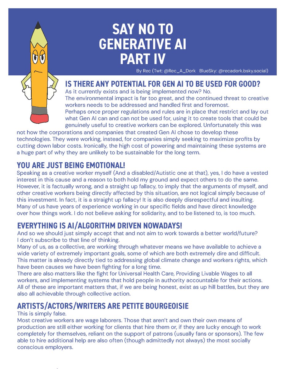Rec_A_Dork's tweet image. I've grown tired of having the same argument with people defending or excusing Gen AI, so I compiled it all into a multi-page flyer to deploy as needed. If anyone else wishes to use these, please feel free.

Purposefully made these to be easily printable, too, if anyone desires.