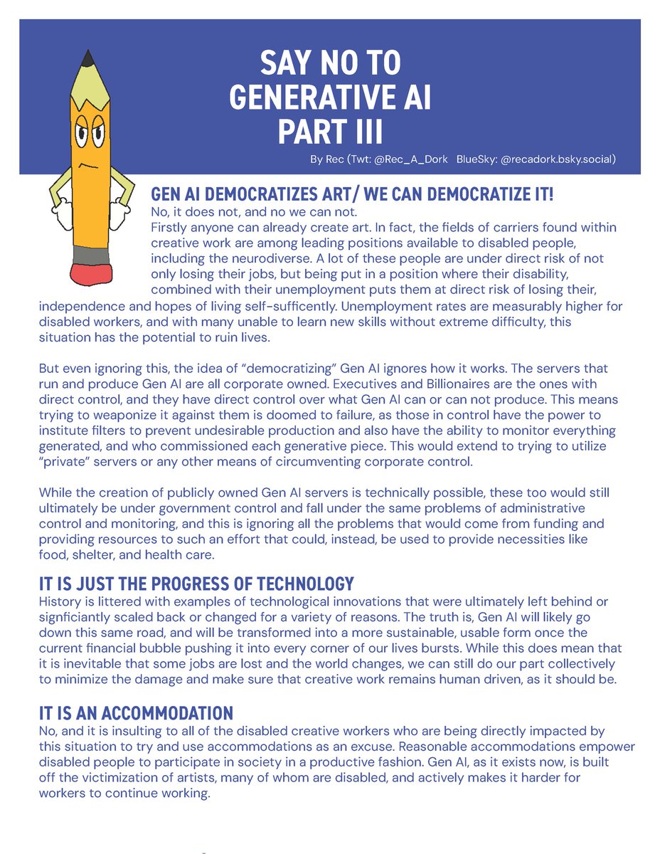 Rec_A_Dork's tweet image. I've grown tired of having the same argument with people defending or excusing Gen AI, so I compiled it all into a multi-page flyer to deploy as needed. If anyone else wishes to use these, please feel free.

Purposefully made these to be easily printable, too, if anyone desires.