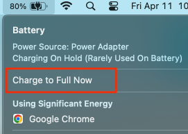This is the worst Apple 'feature.' Tell me, why do I have to click 'charge to full now' every single day? 

Yes, I have 'optimized charging' unchecked &amp; use on battery daily. There is zero circumstance I want &lt;100% charge every time. Incredibly stupid.