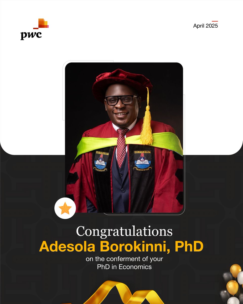 PwC_Nigeria's tweet image. Congratulations to Adesola Borokinni of our Consulting and Risk Services team!
 
He recently earned his PhD in Economics and we are #PwCProud of him.
 
Well done, Adesola!