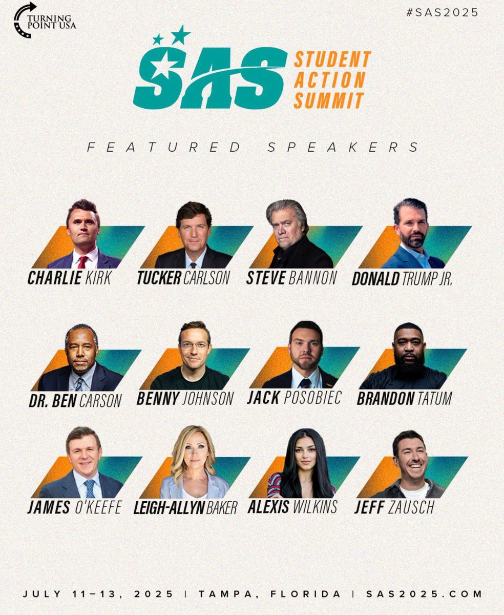 ‼️FIRST SPEAKER DROP ‼️
So excited to be in Tampa this summer for
<a href="/TPUSA/">Turning Point USA</a> student action summit!!! Don't miss out!!
Register now at tpusa.com/sas
FIRMAS
#SAS2025