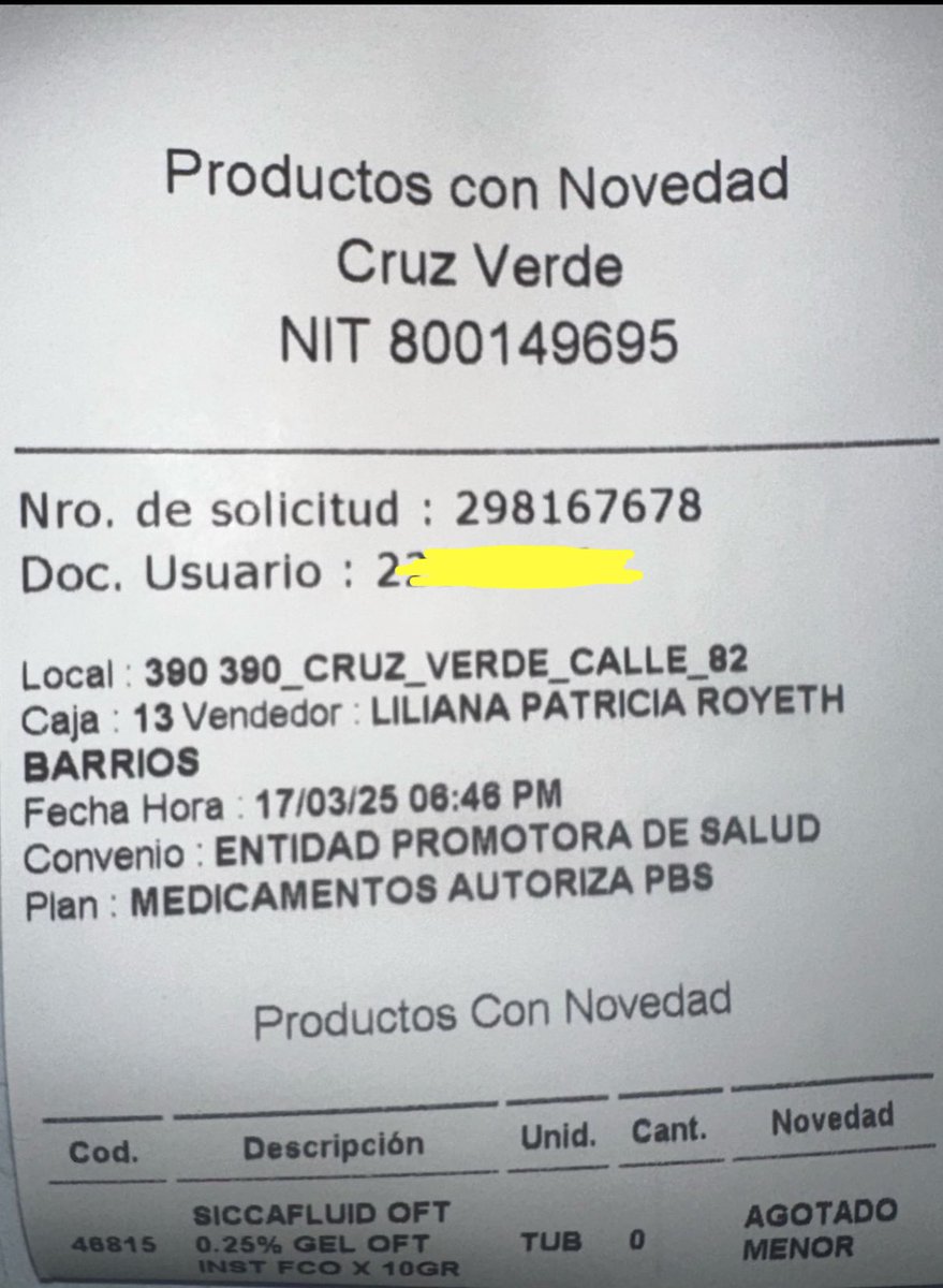luismora__'s tweet photo. @Supersalud : @CruzVerde indica novedad de medicamento agotado e indica que médico debe reformular. Este dice que no, xq @invimacolombia no ha certificado q el medicamento esté agotado o desabastecido en el país y @sanitas_eps se niega a autorizar otro dispensario q sí lo tenga https://t.co/lGmNPZq81d