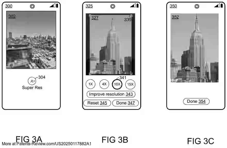 PatentPulse's tweet photo. New patent application #US20250117882A1 by #Google introduces a method for generating high-res images using a machine-learning model. Users select image portions to enhance via a UI, which updates with the high-res result. #MachineLearning $GOOGL #HighResolutionImages https://t.co/2k8c8ouBHe