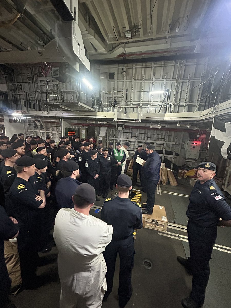 HMSPortland's tweet image. Yesterday we bid farewell to our XO, Lt Cdr Kilbride RN as he addressed the Ship’s Company before granting leave for Easter. His final act as XO was to rate ET(ME) Farrell from ETME2 to ETME1 and CS Ferguson to LCS. Good luck Sir on your next adventure in @HMSTrent ⚓️