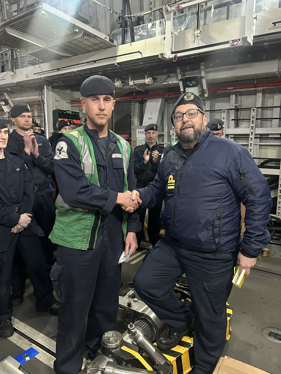 HMSPortland's tweet image. Yesterday we bid farewell to our XO, Lt Cdr Kilbride RN as he addressed the Ship’s Company before granting leave for Easter. His final act as XO was to rate ET(ME) Farrell from ETME2 to ETME1 and CS Ferguson to LCS. Good luck Sir on your next adventure in @HMSTrent ⚓️