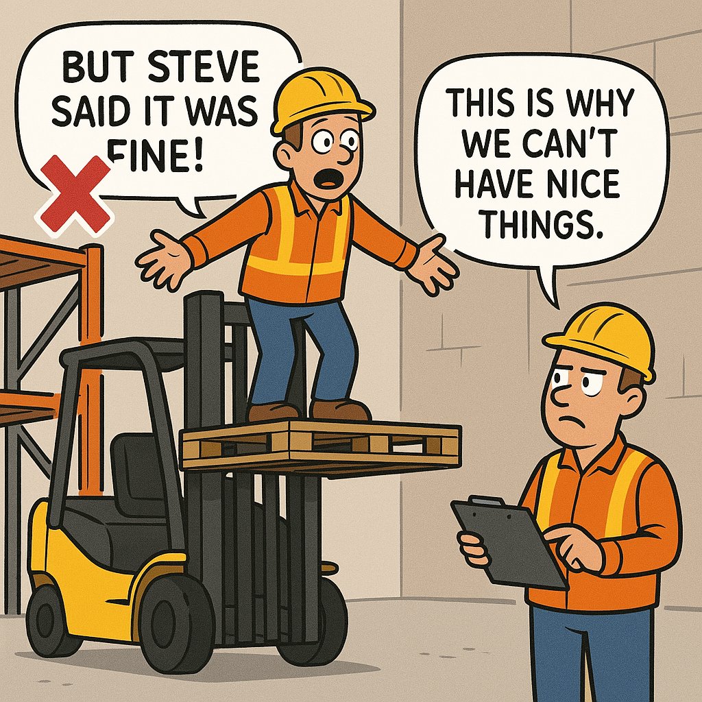 apstsolutions's tweet photo. 📢 Safety Tip of the Day: Don’t Be That Guy
🚫 NEVER use a forklift as an elevator. 
 ✅ Safe Alternative: Use proper ladders, lifts, or platforms. Your knees (and the company’s insurance) will thank you.  Stay safe, stay smart — and stay off the pallet!  #SafetyFirst #fypシ https://t.co/yYIuyksJLO