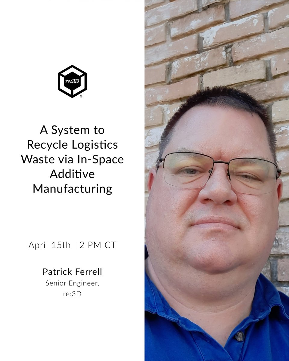 Our 2025 FGF User Group talks continue with re:3D's Senior Engineer, Patrick Ferrell! He will speak about the Gigabot X FGF printer and the challenges posed by In-Space Manufacturing. Join us for what is sure to be a fantastic talk! 

Register here: bit.ly/42wOmSD