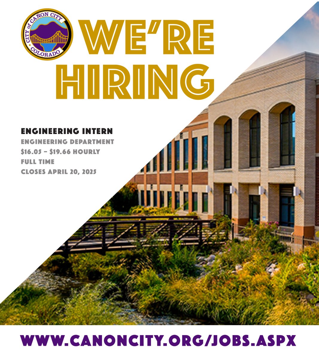 The City of Cañon City is accepting applications for an Engineering Intern for the Engineering Department. Full-time, $16.05 - $19.66 hourly. Closes Sunday, April 20, 2025 at midnight. Visit recruiting.paylocity.com/Recruiting/Job… to view the full job description and apply!