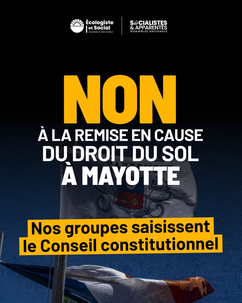 socialistesAN's tweet image. 🔴🏛️ Avec le @Gpe_EcoloSocial, nous saisissons le Conseil constitutionnel contre la remise en cause du droit du sol à #Mayotte.

Cette loi porte une grave atteinte à l'égalité, à l’intérêt supérieur de l’enfant et au droit du sol, que nous ne pouvons tolérer.