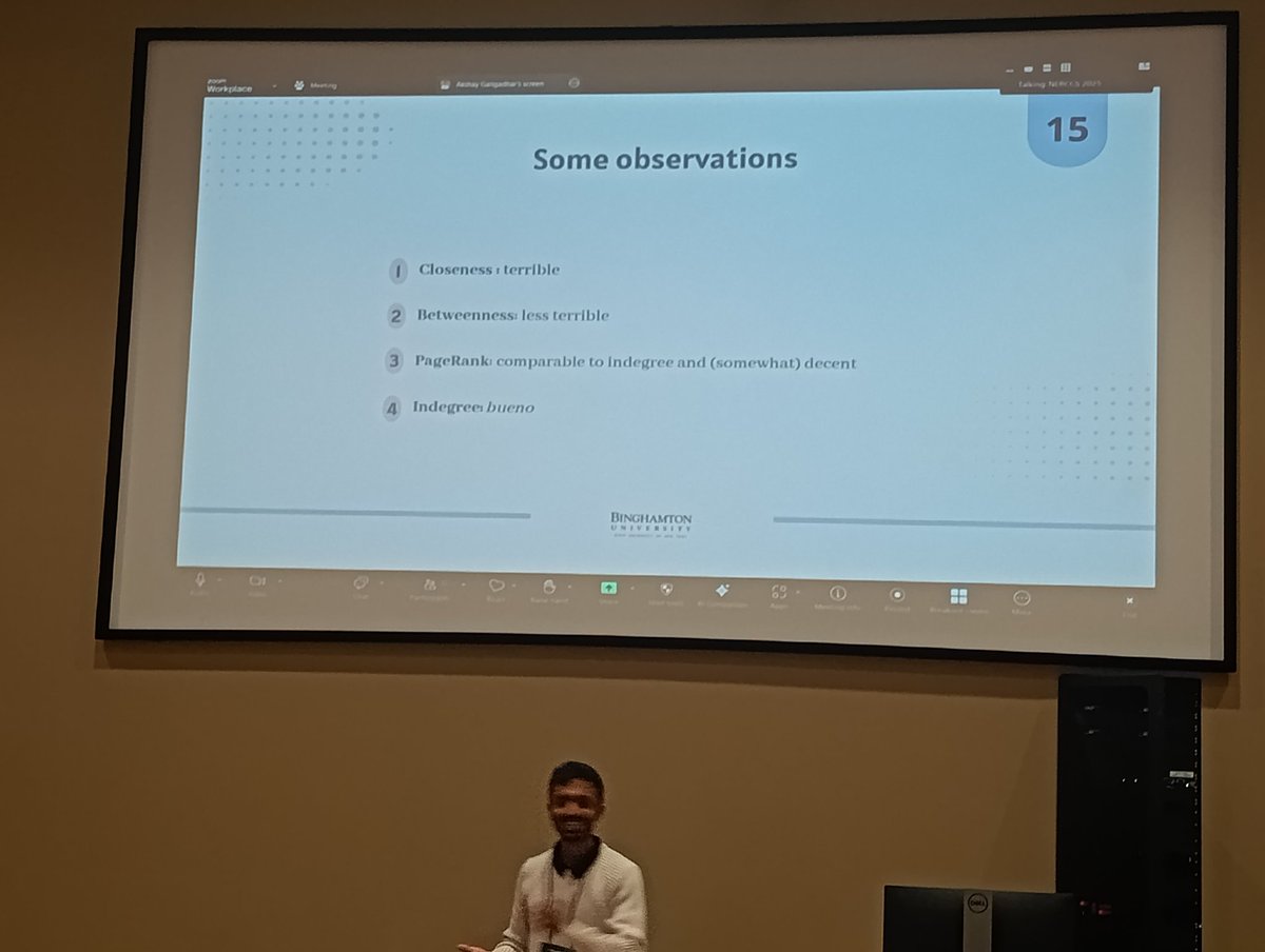amahury0's tweet photo. Closing the afternoon #complexnetworks session, Akshay Ganadhar discusses how to use network centrality as a benchmark to characterize high-relevant papers in scientific literature.
#NERCCS2025 https://t.co/d4ugqKj4bU