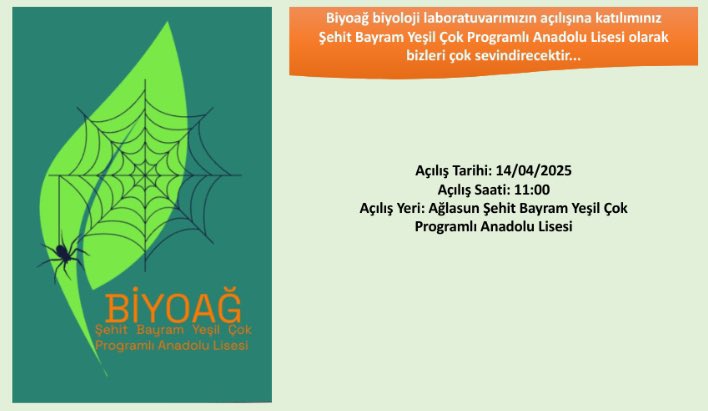 Biyoloji Öğretmenimiz Yasemin GÖKGÖZ öncülüğünde yapılan okul projemiz "biyoağ" biyoloji laboratuvarı,biyoçeşitlilik ve çevre farkındalığı esas alınarak,öğrencilerimizin çalışmaları ve topladıkları biyolojik örneklerle 14 Nisan Pazartesi günü açılacaktır.Herkesi açılışa bekleriz.