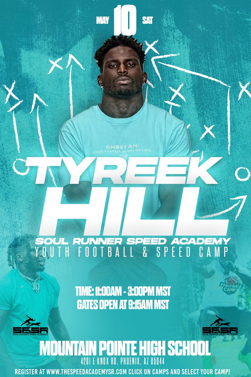 ARIZONA, GET READY!

Tyreek Hill aka “Cheetah” is coming to the Valley for the Soul Runner Speed Academy Youth Football &amp; Speed Camp — and he’s bringing the energy with him!

Saturday, May 10
11AM - 3PM | Gates open at 9:15AM
Location: Mountain Pointe High School
4201 E Knox Rd,