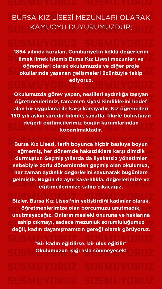 SON OLAYLAR HAKKINDAKİ BURSA KIZ LİSESİ MEZUNLARININ YAYINLADIĞI BİLDİRİ