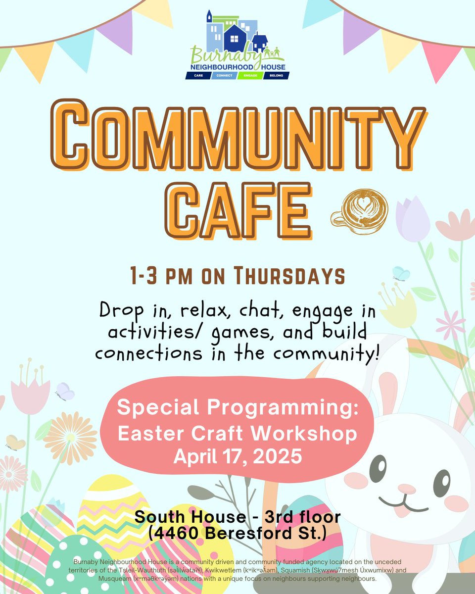 Get ready for some egg-cellent Easter fun! 🎨🐇 Join us on Thursday, April 17, 2025 from 1-3 PM for a special Easter-themed craft workshop! 🌷

Bring a friend, get creative, and celebrate the season with us! 💐💫

📍 BNH South House (4460 Beresford St)
💫 BNH Membership Required!