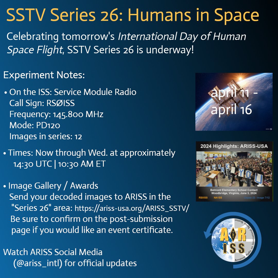 SSTV Series 26, "Humans in Space" is now underway from the ISS.  Listen on 145.800 MHz for PD120 transmissions.

Submit reception reports and request certificates at the SSTV gallery: ariss-usa.org/ARISS_SSTV/