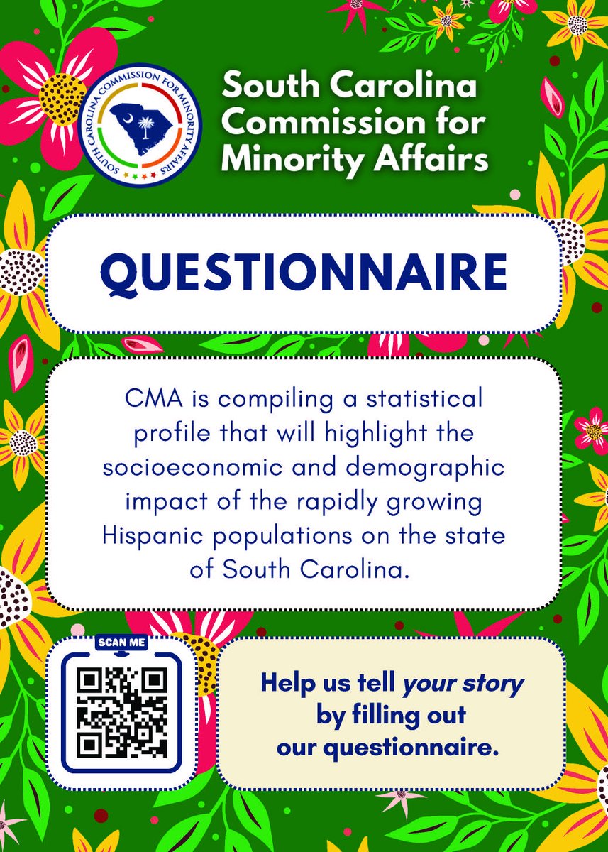 Attention Hispanic/Latino Community of South Carolina! 📢

The #SCCommissionforMinorityAffairs needs your voice! Help SCCMA tell the story of our state's diverse and growing Hispanic/Latino community by completing this survey. 📝

Complete it here: 
bit.ly/3G0DSDe