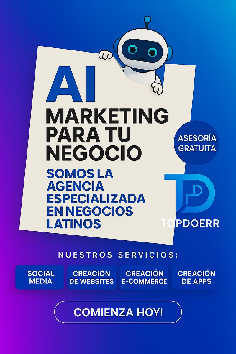 Pla2Freelancers's tweet photo. Haz crecer tu negocio con nuestros asistentes de IA de Topdoerr. 
#TopDoerr #IAParaNegocios #InnovaciónDigital #tecnologíadesdepr https://t.co/4NFu5oudAl
