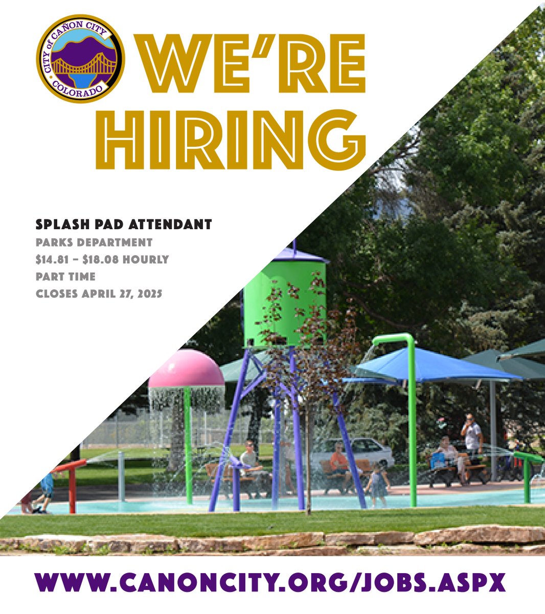 The City of Cañon City is accepting applications for two part-time seasonal Splash Pad Attendants for the Parks Department. Part-time, $14.81 - $18.08 hourly. Closes Sunday, April 27, 2025 at midnight. Visit recruiting.paylocity.com/Recruiting/Job… to view the full job description and apply!