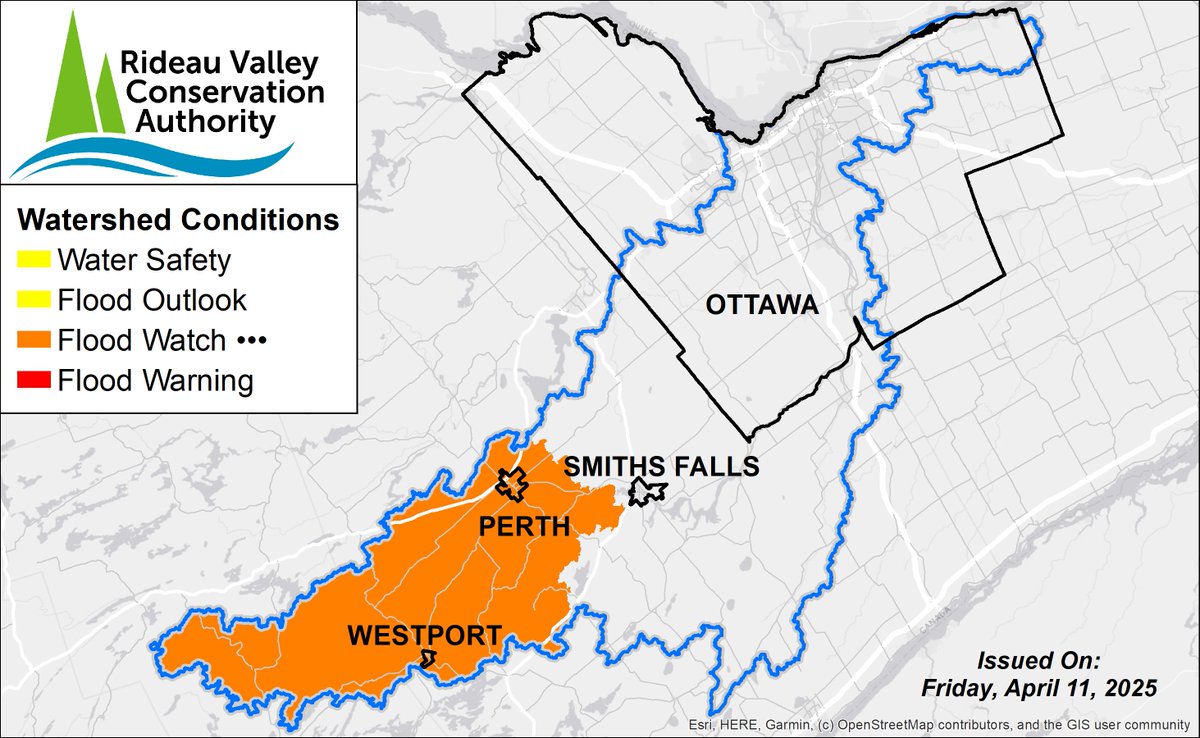 The #Flood Watch has been extended for the Upper Watershed for another week as water levels remain elevated and reservoir capacity is limited. However, the Flood Watch for the #RideauRiver between Smiths Falls and Manotick has ended. Learn more: ow.ly/95Pr50Vz9TL