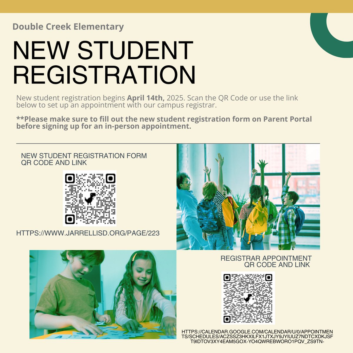 DCESCougs's tweet photo. New student registration begins April 14th, 2025. Scan the QR Code or use the link below to set up an appointment with our campus registrar.

**Please make sure to fill out the new student registration form on Parent Portal before signing up for an in-person appointment. https://t.co/nHcvibbwhd