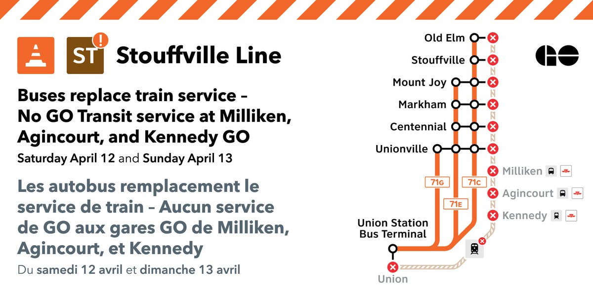 🚊📆 Late tonight, some Stouffville line service has been adjusted.  
➡ This weekend, GO buses replace trains at all stations except Milliken, Agincourt, and Kennedy GO. rb.gy/zf6ra1