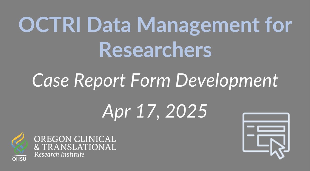 OCTRI: Oregon's CTSA (@ohsuoctri) on Twitter photo Catch part 2 of OCTRI's *NEW* 6-part series, Data Management for Researchers, on April 17 at 2pm. This seminar will focus on Case Form Development. Details on the OCTRI event page: bit.ly/3FGhLC9 Register in Compass. #CTSAProgram
<a href="/OHSUNews/">OHSU News</a> <a href="/OHSUSOM/">OHSU School of Medicine</a> <a href="/OHSUNursing/">OHSU Nursing</a> Catch part 2 of OCTRI's *NEW* 6-part series, Data Management for Researchers, on April 17 at 2pm. This seminar will focus on Case Form Development. Details on the OCTRI event page: bit.ly/3FGhLC9 Register in Compass. #CTSAProgram
<a href="/OHSUNews/">OHSU News</a> <a href="/OHSUSOM/">OHSU School of Medicine</a> <a href="/OHSUNursing/">OHSU Nursing</a>