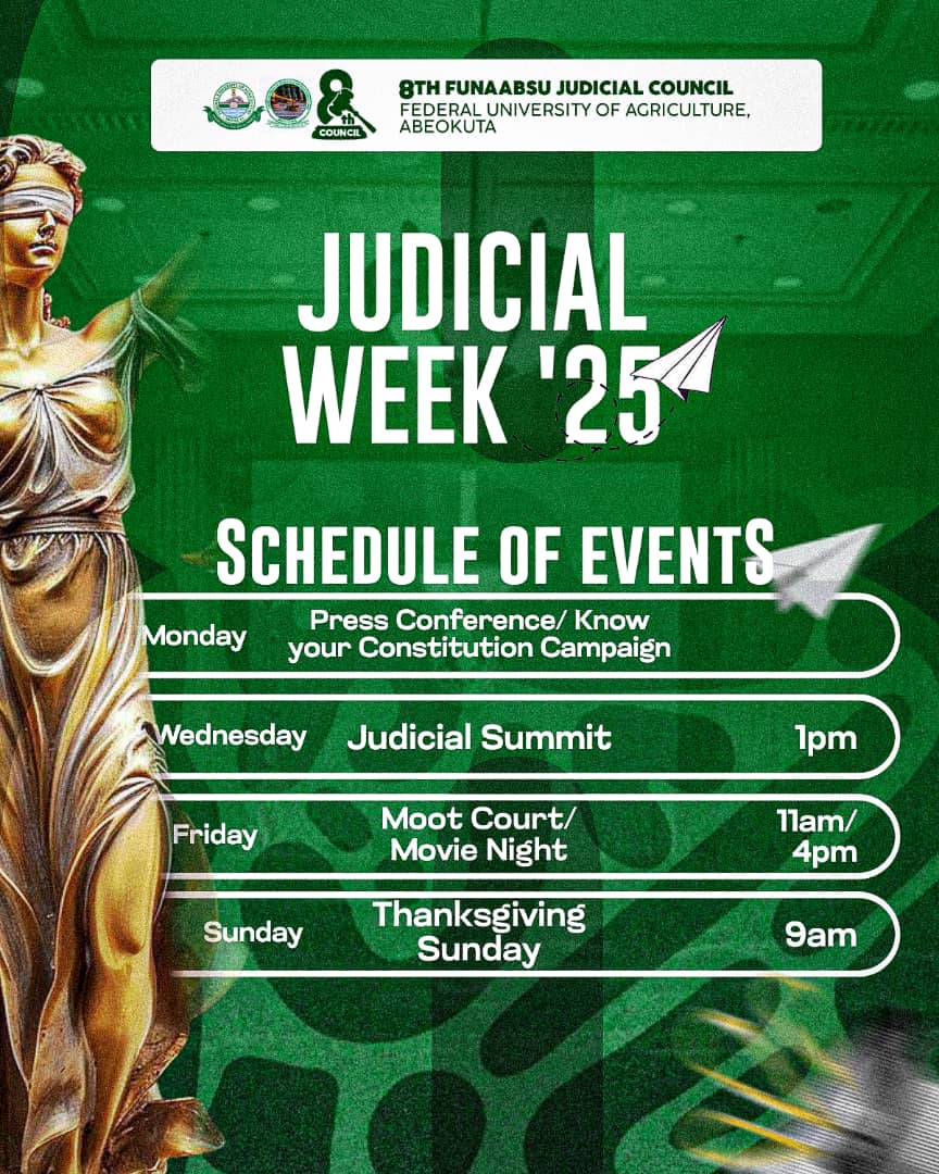 funaabsujc's tweet photo. Here’s what we’ve got lined up for JUDICIAL WEEK ’25!

From insightful conversations to engaging courtroom drama and a grateful close — it’s a full week of purpose, law, and legacy.

#JudicialWeek25 #8thfjc #funaabsujudicialcouncil #KnowYourRights #MootCourt #JudicialSummit https://t.co/GtVMTIlqhq