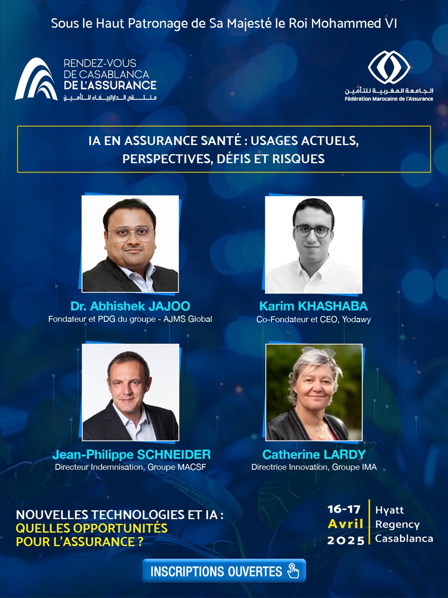 #RDVCA2025 - « IA en assurance santé : usages actuels, perspectives, défis et risques »

🔗 Rejoignez les discussions les 16 &amp; 17 avril 2025 à Casablanca – Réservez votre place : rdvdelassurance.ma/inscription