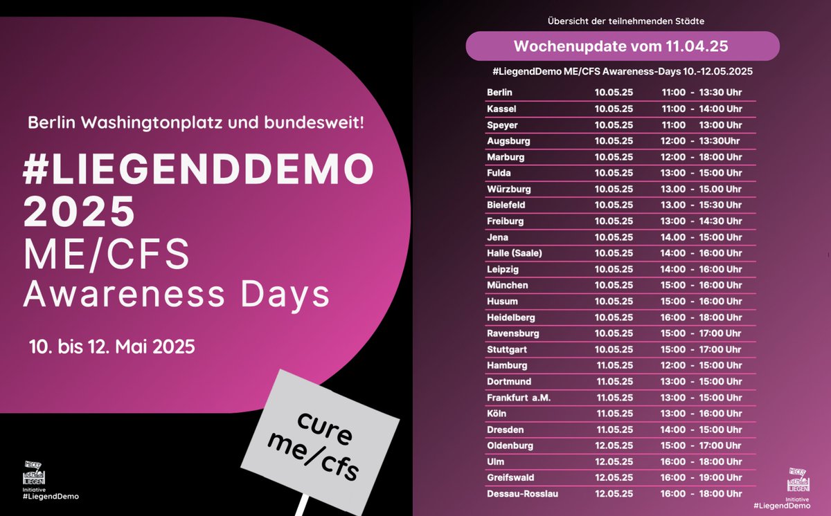 🔹UPDATE für die #LiegendDemo Awareness Days 2025 🔹
Hier das Wochen-Update zu den teilnehmenden Städten, die jeweils am 10.- 12.05. eine LiegendDemo organisieren. 🪧💪 Es hat sich das ein oder andere an den Uhrzeiten und dem Datum geändert, aber seht selbst. 👀