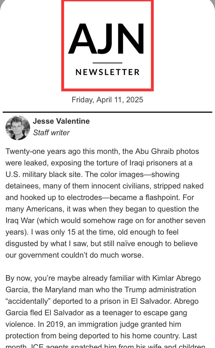 Jesse Valentine (@jessemvalentine) on Twitter photo I wrote about the eerie similarities between Abu Grhaib and the Salvadoran prison where Trump is sending migrants in this week’s <a href="/AmerJournalNews/">American Journal News</a> newsletter. I wrote about the eerie similarities between Abu Grhaib and the Salvadoran prison where Trump is sending migrants in this week’s <a href="/AmerJournalNews/">American Journal News</a> newsletter.