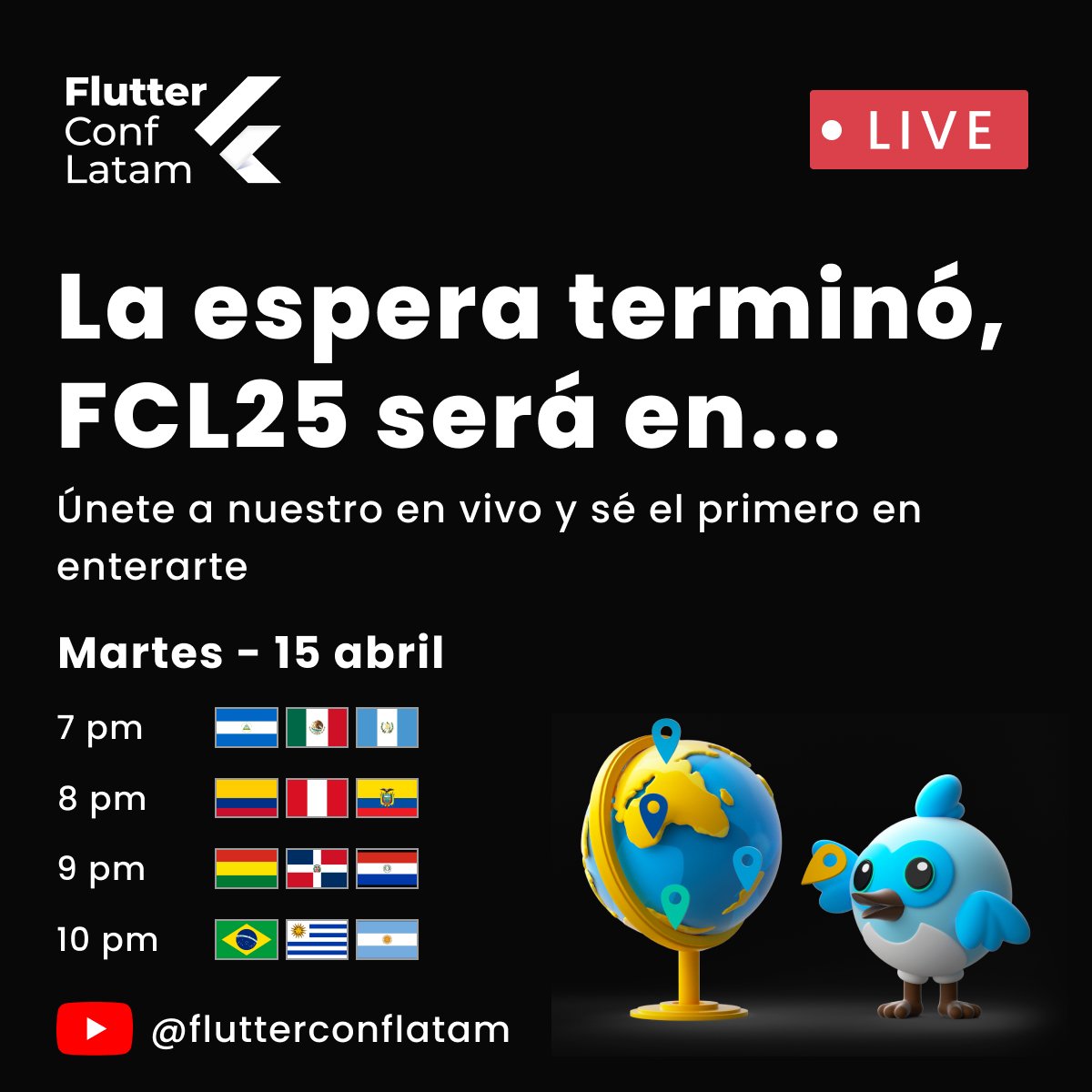 FlutterConfLAT's tweet photo. ¡Es oficial! Tenemos lugar y fecha confirmadas 💙🫶 

Acompáñanos en nuestro En Vivo este martes 15 de abril y conoce todos los detalles que tenemos este 2025 🤓

#flutter #flutteristas #flutterconflatam2025 #flutterconflatam25 #onlive #FCL25 https://t.co/y08ZPVw6hb