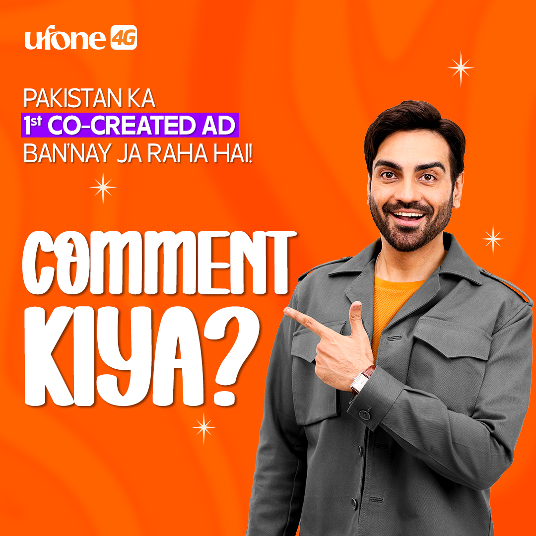 Ufone's tweet image. Saw it, liked it... but did you comment? 🤔

Your words could make it to the big screen! Drop your thoughts &amp;amp; be the part of Pakistan’s first co-created ad made by you! 🏏😎

#GetBackInTheGame #DataBohhaaatHai #Ufone4G #Cricket