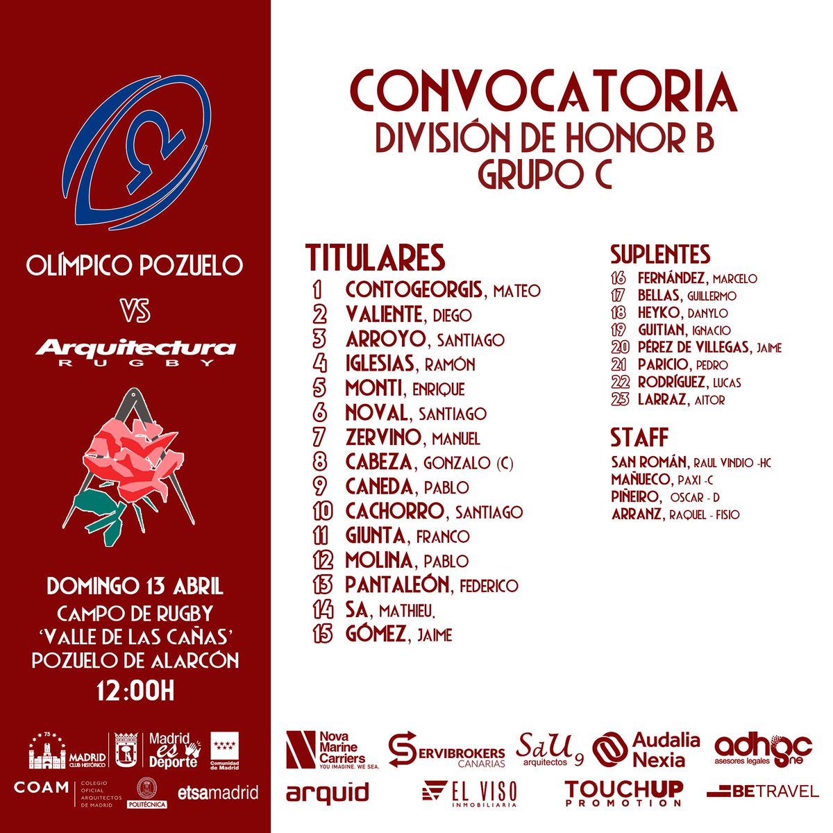 Club Deportivo Arquitectura (@cdarquitectura) on Twitter photo 📢CONVOCATORIAS EQUIPOS SENIOR🏉
¡Aúpa Escuela!🌹
#rugby #cda #arquitecturarugby #rugbymadrid #NuestroRugby
<a href="/ferugby/">España Rugby</a>
<a href="/RugbyMadrid/">Federación de Rugby de Madrid</a>
<a href="/ComunidadMadrid/">Comunidad de Madrid</a>
<a href="/MADRID/">Ayuntamiento Madrid</a>
<a href="/JMDvivallecas/">Villa de Vallecas</a>
<a href="/La_UPM/">Universidad Politécnica de Madrid</a>
<a href="/ETSAMadrid/">ETSAM</a>
<a href="/COAMadrid/">COAM</a> 📢CONVOCATORIAS EQUIPOS SENIOR🏉
¡Aúpa Escuela!🌹
#rugby #cda #arquitecturarugby #rugbymadrid #NuestroRugby
<a href="/ferugby/">España Rugby</a>
<a href="/RugbyMadrid/">Federación de Rugby de Madrid</a>
<a href="/ComunidadMadrid/">Comunidad de Madrid</a>
<a href="/MADRID/">Ayuntamiento Madrid</a>
<a href="/JMDvivallecas/">Villa de Vallecas</a>
<a href="/La_UPM/">Universidad Politécnica de Madrid</a>
<a href="/ETSAMadrid/">ETSAM</a>
<a href="/COAMadrid/">COAM</a>
