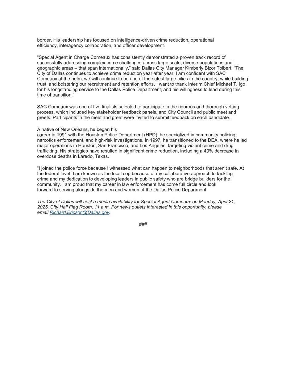 Dallas Police Department Chief of Police Announcement