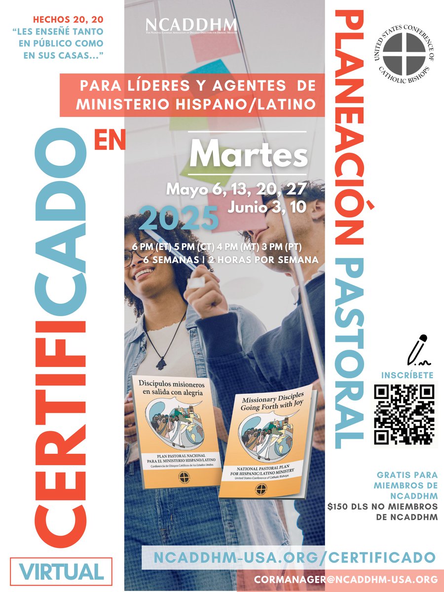 USCulturalDiver's tweet image. Calling all Hispanic/Latino pastoral leaders! Join the Virtual Certificate in Pastoral Planning offered by NCADDHM &amp;amp; USCCB’s Subcommittee on Hispanic/Latino Affairs. All are welcome! Learn more and register: 
eventcreate.com/e/certificado?…