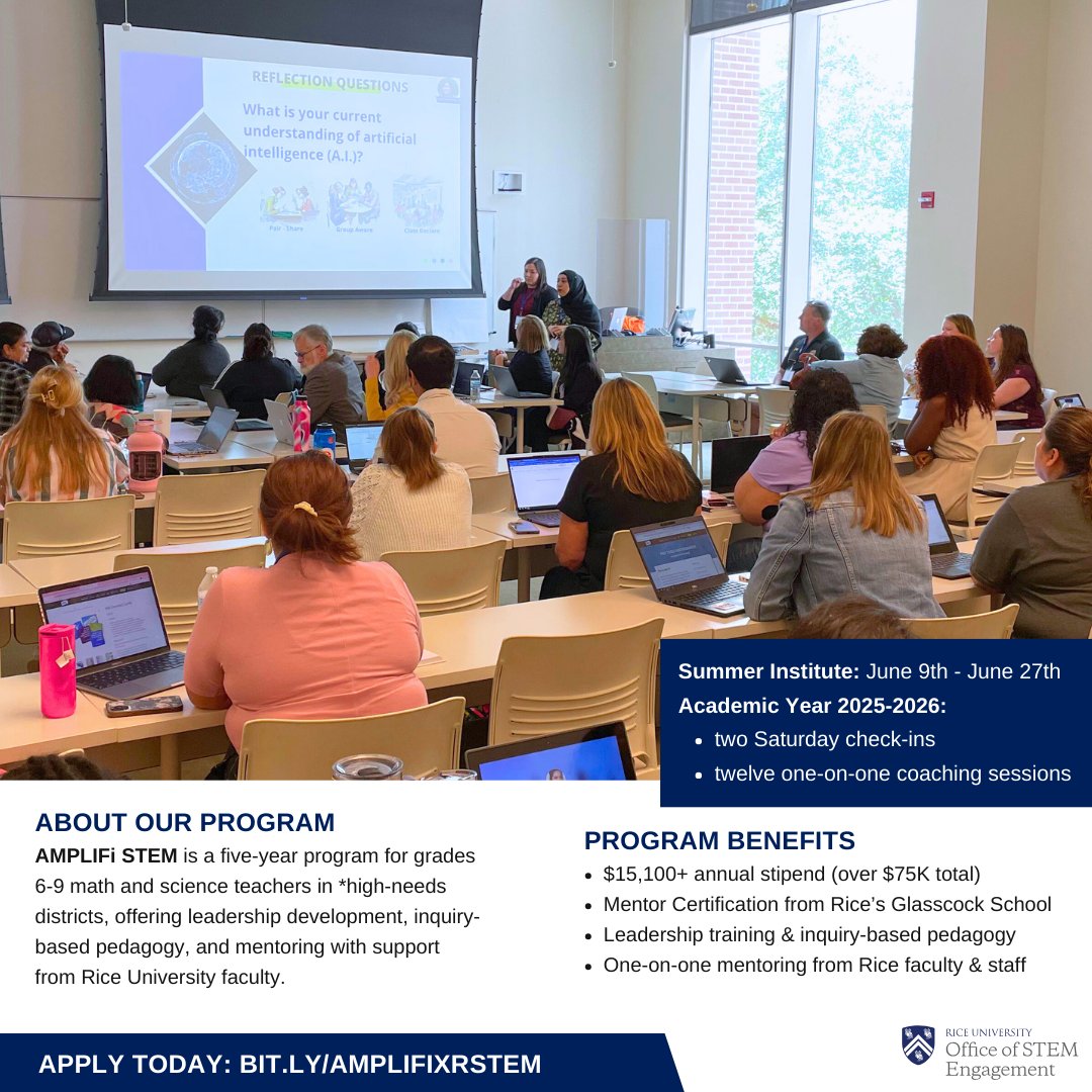 R-STEM (@riceu_stem) on Twitter photo Join AMPLIFi STEM at <a href="/RiceUniversity/">Rice University</a> and earn $15K+/year, get certified, and grow as a mentor & leader in STEM education.
Apply by May 5: bit.ly/AMPLIFixRSTEM
#AMPLIFiSTEM #RSTEM #ImpactingFutures Join AMPLIFi STEM at <a href="/RiceUniversity/">Rice University</a> and earn $15K+/year, get certified, and grow as a mentor & leader in STEM education.
Apply by May 5: bit.ly/AMPLIFixRSTEM
#AMPLIFiSTEM #RSTEM #ImpactingFutures