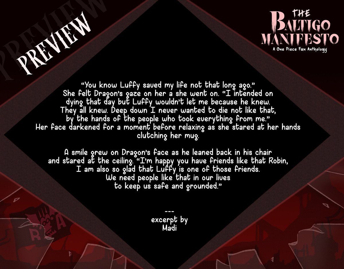 WhispLion's tweet photo. I wrote a piece for the @rev_anthology zine! Featuring a quiet conversation between Robin and Dragon at midnight. With accompanying art by @vgstrrdst 

Thanks! @opfantracker #opzine 

Store: https://t.co/RyK4n7vBQB https://t.co/HBHXvRIb8c