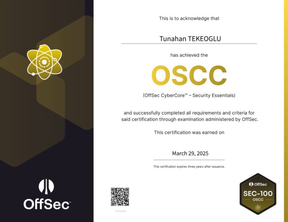 tun4hunt's tweet photo. I'm happy to announce that I've successfully completed the OSCC (Offensive Security CyberCore Certified) certification!

Many thanks to @offsectraining for giving me the opportunity to experience and evaluate this program firsthand.

#Offsec #Certification #OSCC #RedTeam https://t.co/5ki21BePth