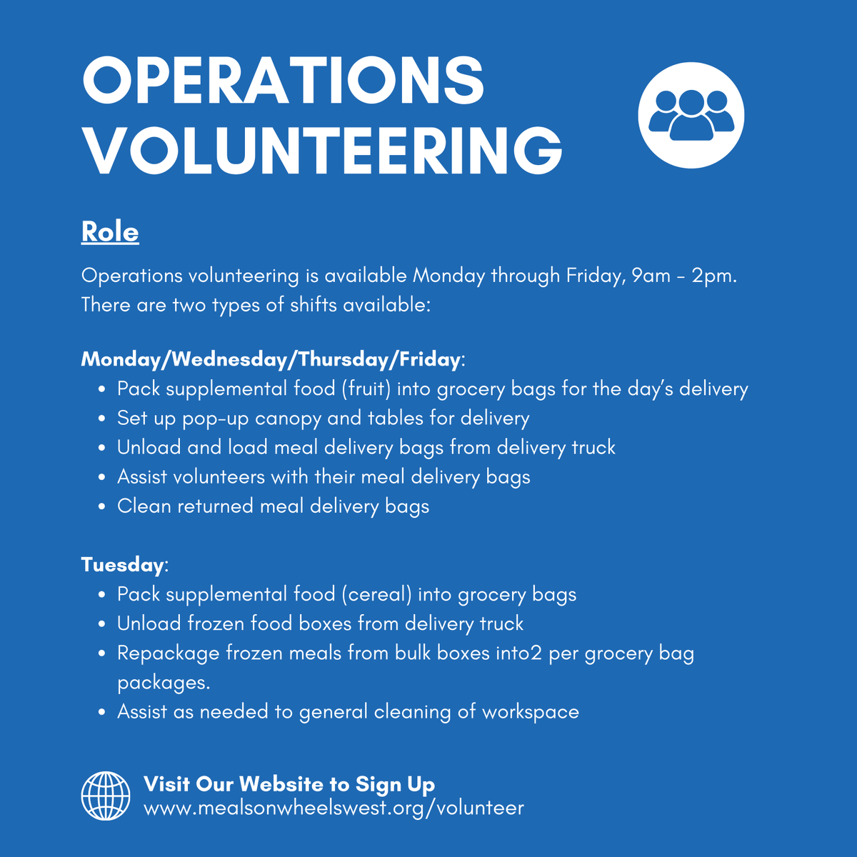 Want an impactful way to give back? Join Meals on Wheels West as an Operations Volunteer! Help us sort, pack, and distribute meals at our office in Santa Monica. You will be helping address hunger and social isolation in our community!

💖volunteermatch.org/search/opp3910…