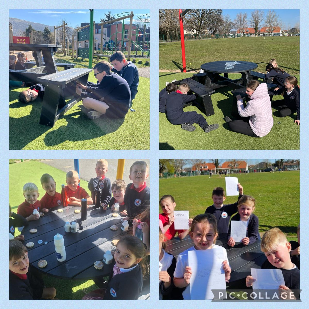 Diolch i Cadw Cymru'n Daclus am y meinciau picnic. Plant bl 6 wedi’w gosod a bl 1 a 2 yn mwynhau yr haul adeg byrbryd. #llesgwerinllysagored