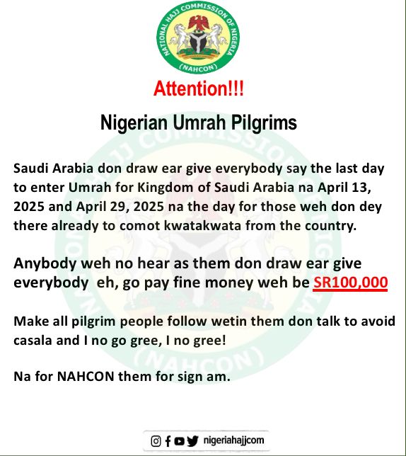 General Notice!

The Saudi authorities have set April 13, 2025 as the deadline to enter the Kingdom for Umrah, and April 29, 2025 as the deadline to exit for those already in the country.

Any violation will attract a fine of SR100,000,