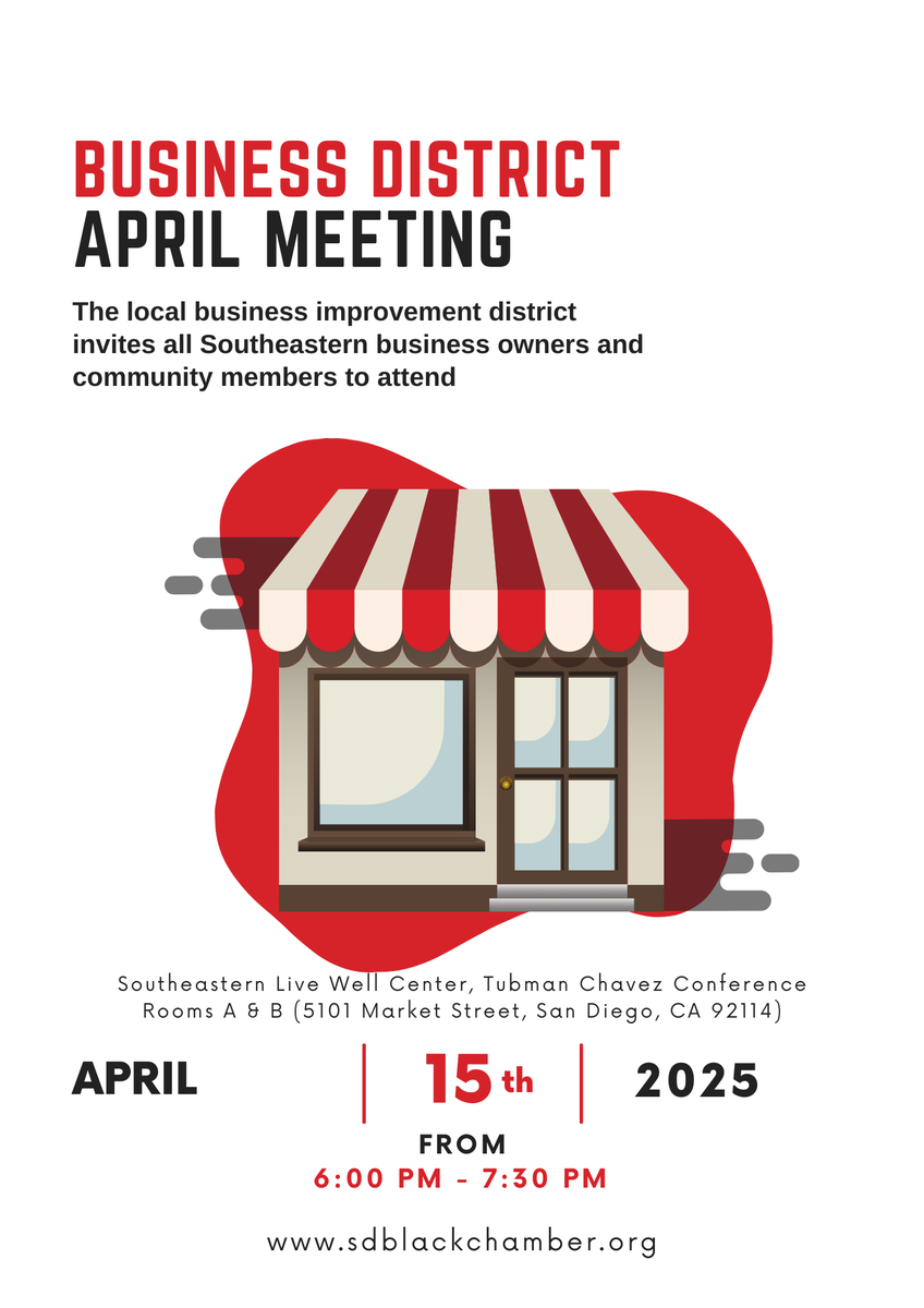 Diamond District business owners &amp; community members! 📢 Join the San Diego Black Chamber of Commerce for the Business District April meeting next week.

Tues., April 15, 6-7:30 p.m.
Southeastern Live Well Center, 5101 Market St.