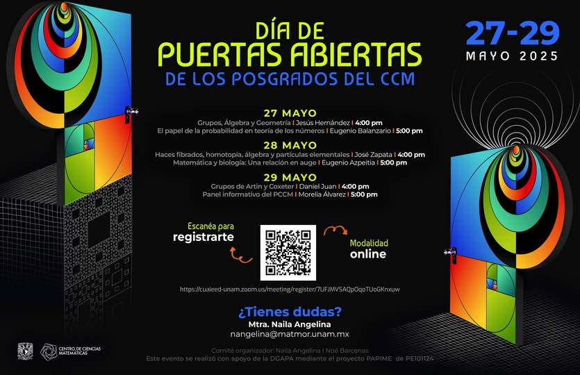 Invitamos a estudiantes de matemáticas y carreras afines al #DíaDePuertasAbiertasDeLosPosgradosDelCCM. 
Ven a conocer las opciones que el Centro de Ciencias Matemáticas de la UNAM Morelia.
¡No lo dudes y regístrate!, el evento es GRATUITO.