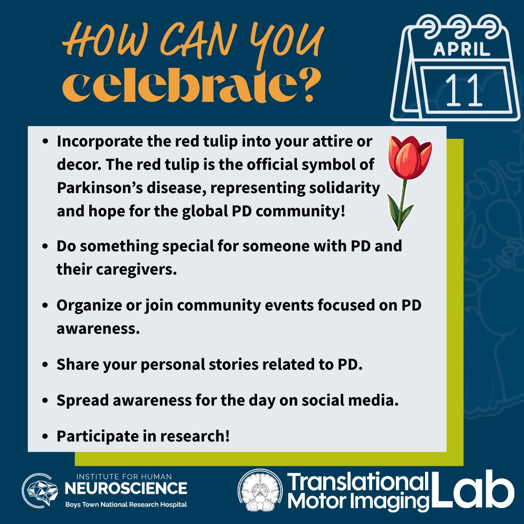 Please join us in celebrating World Parkinson’s Day!🌷Working with and advocating for individuals with PD has been a long-standing, personal passion of our lab director, Dr. Rachel Spooner, and it’s our lab’s mission to better understand how the brain differs in PD.